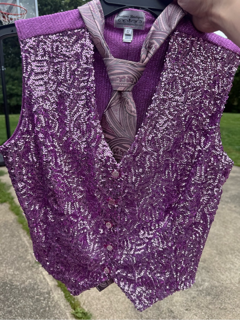 Saddleseat vest - Purple Sequin V-Neck Vest with Paisley Tie